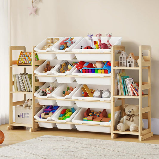Extra Large Toy Storage - Toy Storage Organizer, Wooden Toy Organizer with 6 Side Shelves and 12 Bins, 3-in-1 Bookshelf for Kids Rooms, Playroom, Nursery, White